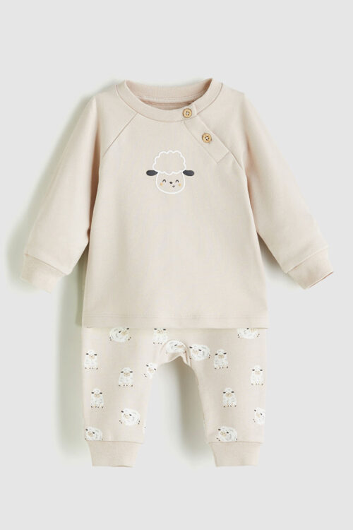 veste à motif en laine et pantalon pour bébé garçon en lot de 2 – Kuzu Baskılı Erkek Bebek Sweatshirt ve Pantolon 2’li